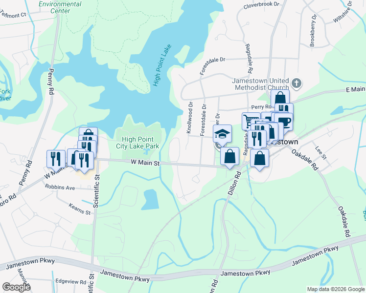 map of restaurants, bars, coffee shops, grocery stores, and more near 105 Knollwood Drive in Jamestown