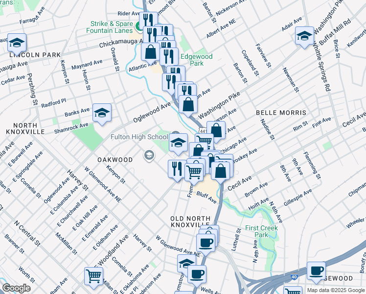 map of restaurants, bars, coffee shops, grocery stores, and more near 2509 North Broadway in Knoxville