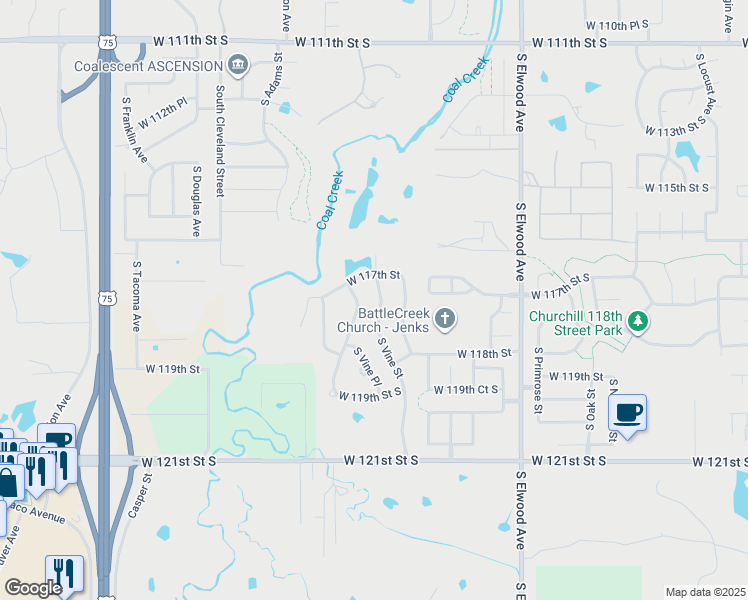 map of restaurants, bars, coffee shops, grocery stores, and more near 11708 South Vine Street in Jenks