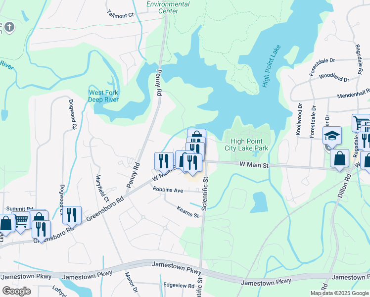 map of restaurants, bars, coffee shops, grocery stores, and more near 708 West Main Street in Jamestown