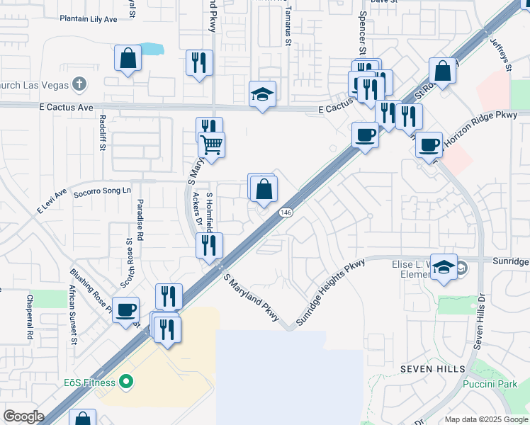 map of restaurants, bars, coffee shops, grocery stores, and more near 3366 Saint Rose Parkway in Henderson