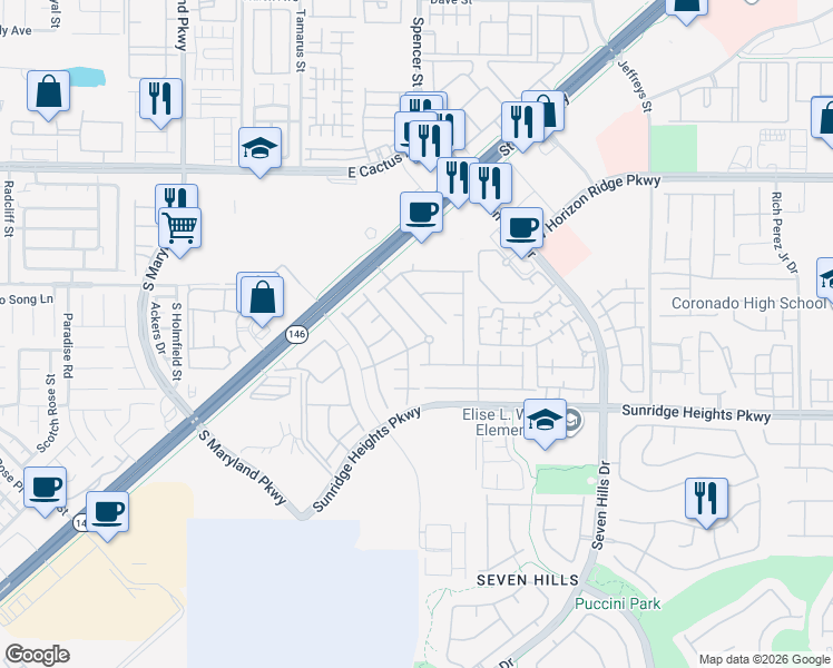map of restaurants, bars, coffee shops, grocery stores, and more near 941 Sycamore Falls Street in Henderson