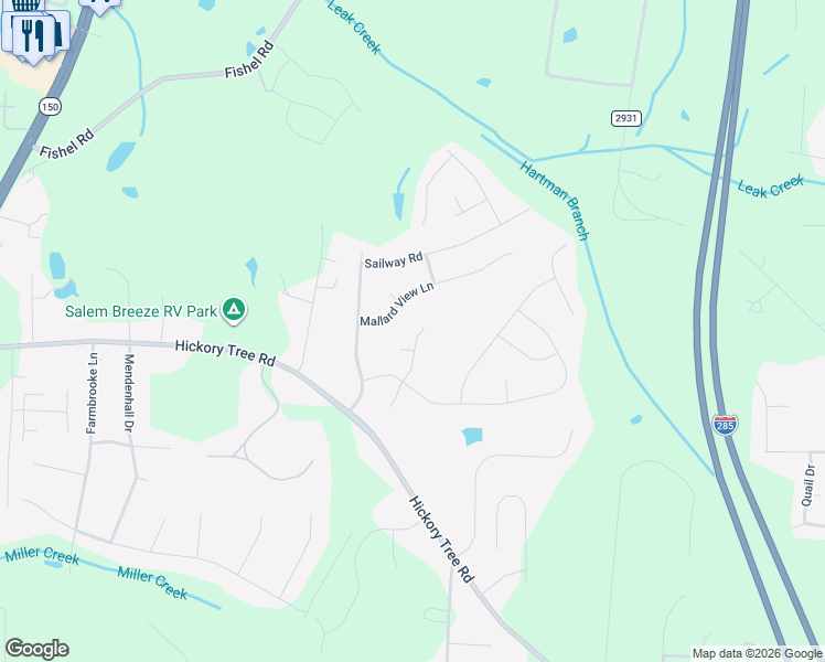 map of restaurants, bars, coffee shops, grocery stores, and more near 293 Hartman Branch Lane in Winston-Salem