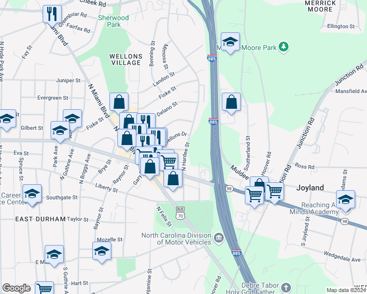 map of restaurants, bars, coffee shops, grocery stores, and more near 1919 Fidelity Drive in Durham