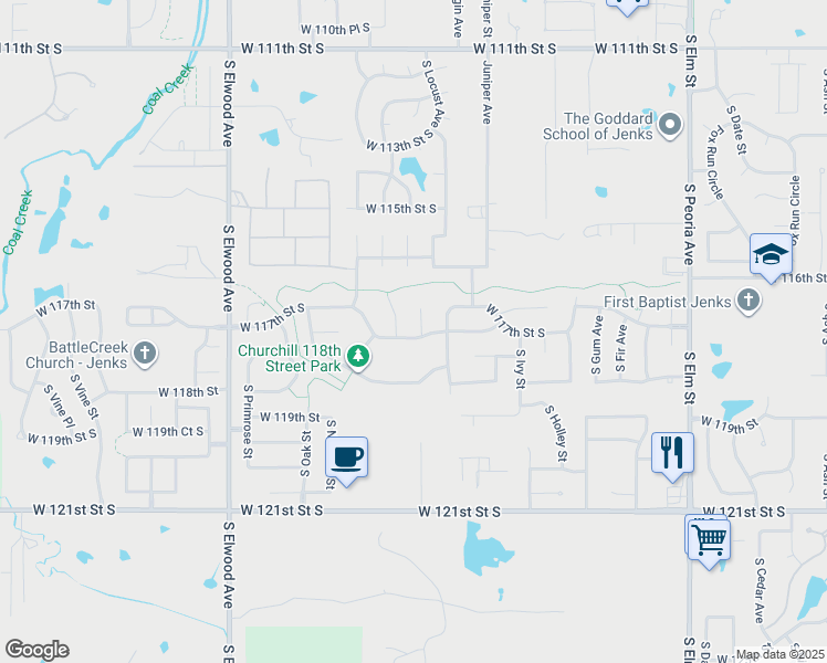 map of restaurants, bars, coffee shops, grocery stores, and more near 11626 S Mulberry Ct in Jenks