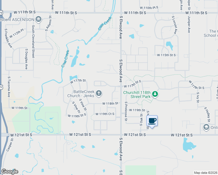 map of restaurants, bars, coffee shops, grocery stores, and more near 2010 South Umber Place in Jenks