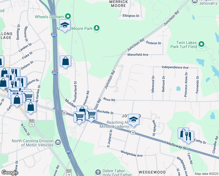 map of restaurants, bars, coffee shops, grocery stores, and more near 322 Junction Road in Durham