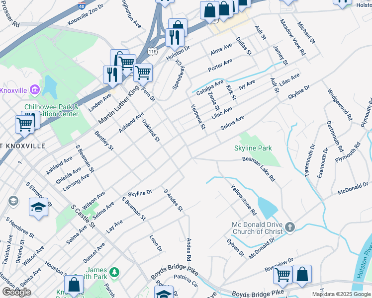 map of restaurants, bars, coffee shops, grocery stores, and more near 3636 Selma Avenue in Knoxville