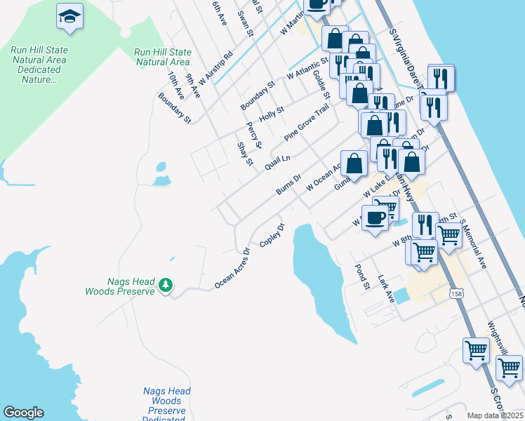 map of restaurants, bars, coffee shops, grocery stores, and more near 421 Burns Drive in Kill Devil Hills