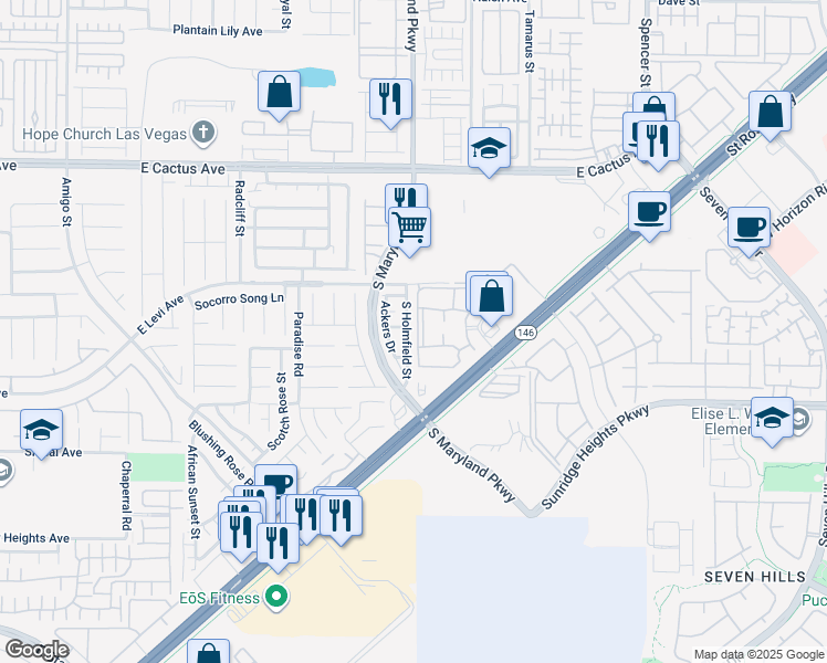map of restaurants, bars, coffee shops, grocery stores, and more near 10770 South Holmfield Street in Henderson