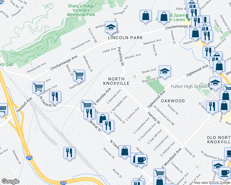 map of restaurants, bars, coffee shops, grocery stores, and more near 411 East Burwell Avenue in Knoxville