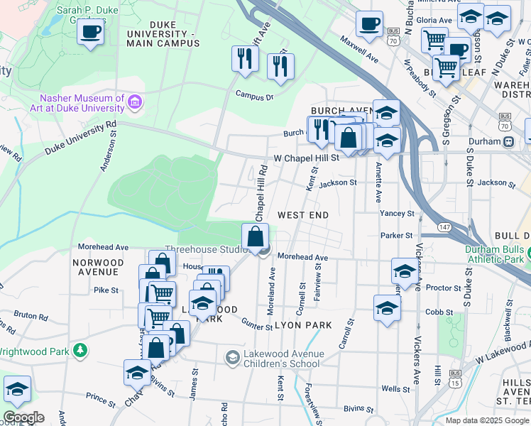 map of restaurants, bars, coffee shops, grocery stores, and more near 880 Estes Street in Durham