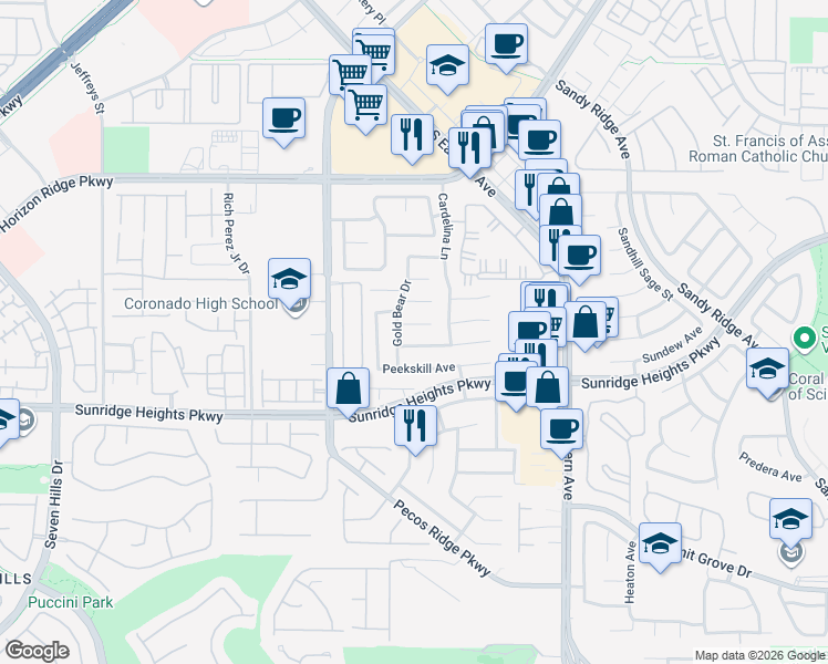 map of restaurants, bars, coffee shops, grocery stores, and more near 2731 La Porte Court in Henderson