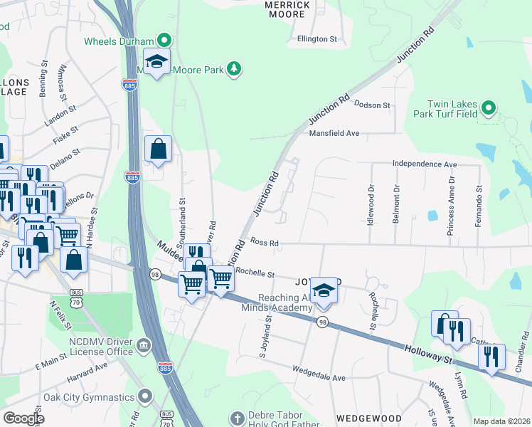 map of restaurants, bars, coffee shops, grocery stores, and more near 322 Junction Road in Durham