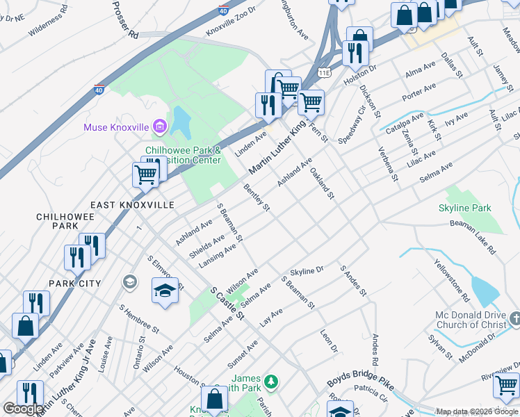 map of restaurants, bars, coffee shops, grocery stores, and more near 3328 Ashland Avenue in Knoxville
