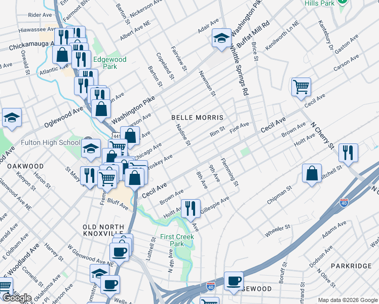map of restaurants, bars, coffee shops, grocery stores, and more near 2109 Nadine Street in Knoxville