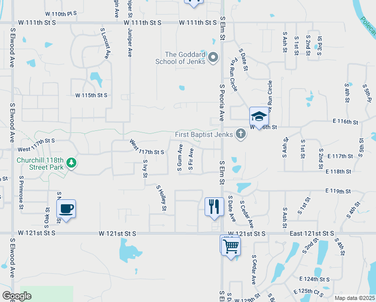 map of restaurants, bars, coffee shops, grocery stores, and more near 11706 S Fir Ave in Jenks