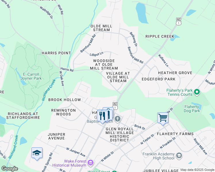 map of restaurants, bars, coffee shops, grocery stores, and more near 215 Harris Road in Wake Forest