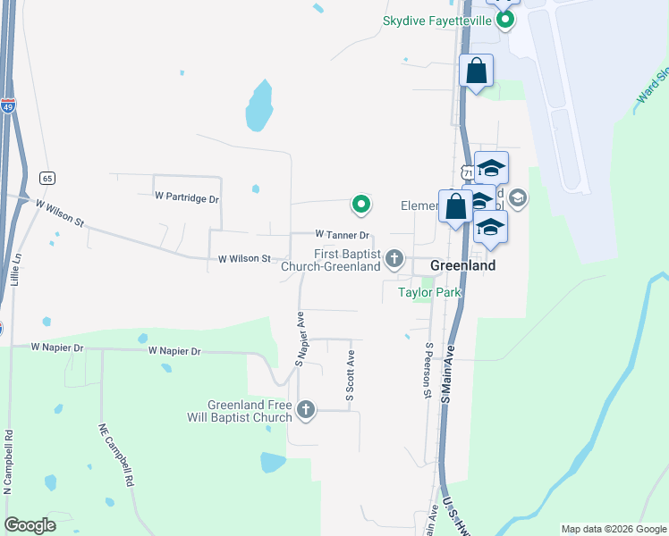 map of restaurants, bars, coffee shops, grocery stores, and more near 411 West Wilson Street in Fayetteville