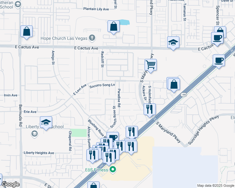 map of restaurants, bars, coffee shops, grocery stores, and more near 10782 Artesia Wells Street in Henderson