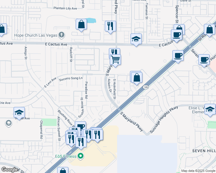 map of restaurants, bars, coffee shops, grocery stores, and more near 10765 Ackers Drive in Henderson
