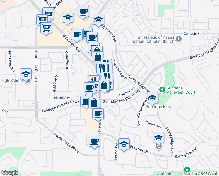 map of restaurants, bars, coffee shops, grocery stores, and more near 2574 New Morning Avenue in Henderson