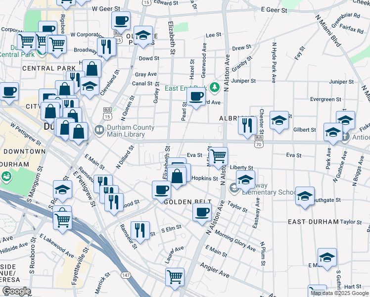 map of restaurants, bars, coffee shops, grocery stores, and more near 808 Railroad St in Durham