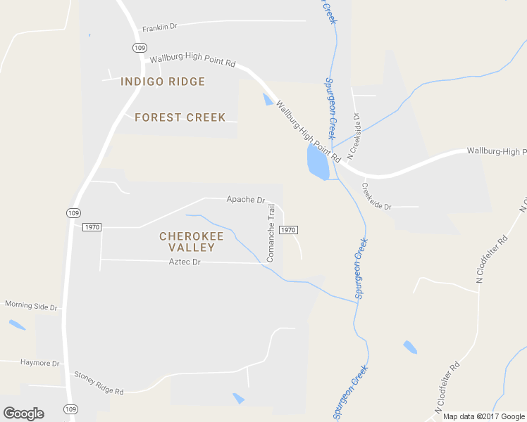 map of restaurants, bars, coffee shops, grocery stores, and more near 134 Comanche Trail in Winston-Salem