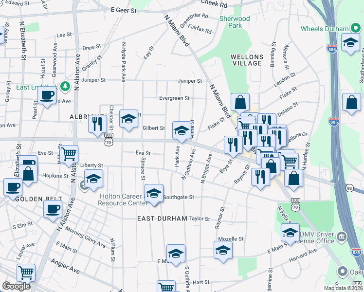 map of restaurants, bars, coffee shops, grocery stores, and more near 1410 Holloway Street in Durham