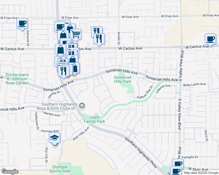 map of restaurants, bars, coffee shops, grocery stores, and more near 10774 Del Rudini Street in Las Vegas
