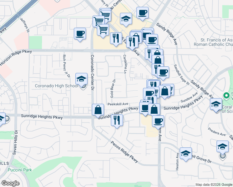 map of restaurants, bars, coffee shops, grocery stores, and more near 2731 La Porte Court in Henderson
