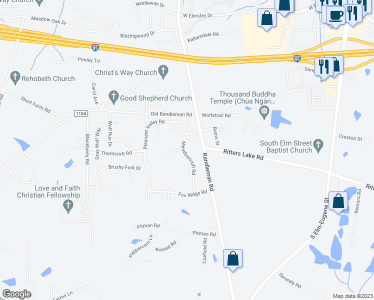 map of restaurants, bars, coffee shops, grocery stores, and more near 4511 Meadowcroft Road in Greensboro