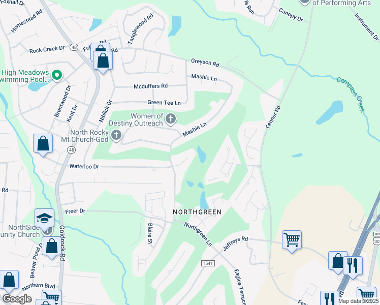 map of restaurants, bars, coffee shops, grocery stores, and more near 1100 Waterloo Court in Rocky Mount
