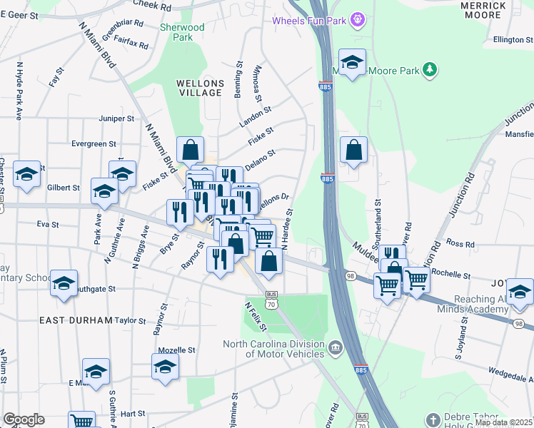 map of restaurants, bars, coffee shops, grocery stores, and more near 1909 Fidelity Drive in Durham