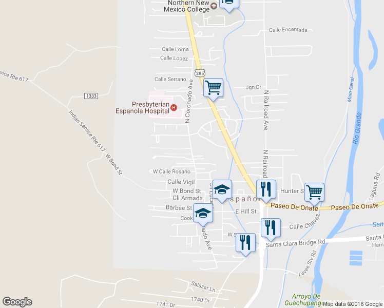 map of restaurants, bars, coffee shops, grocery stores, and more near 333 N Coronado Ave in Espanola