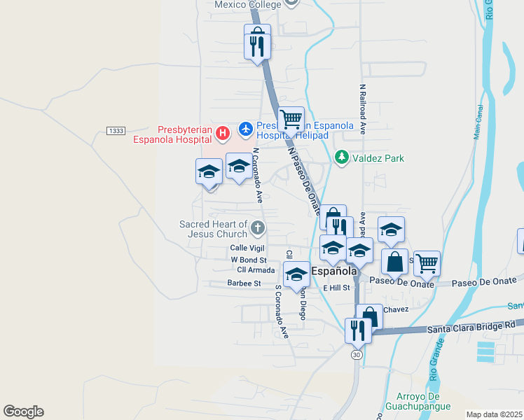 map of restaurants, bars, coffee shops, grocery stores, and more near 333 North Coronado Avenue in Española