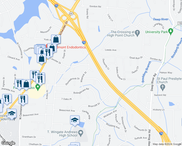 map of restaurants, bars, coffee shops, grocery stores, and more near 1710 Hanover Court in High Point