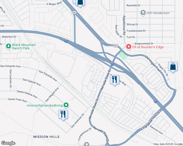 map of restaurants, bars, coffee shops, grocery stores, and more near 375 Conestoga Way in Henderson