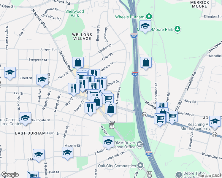 map of restaurants, bars, coffee shops, grocery stores, and more near 1909 Fidelity Drive in Durham