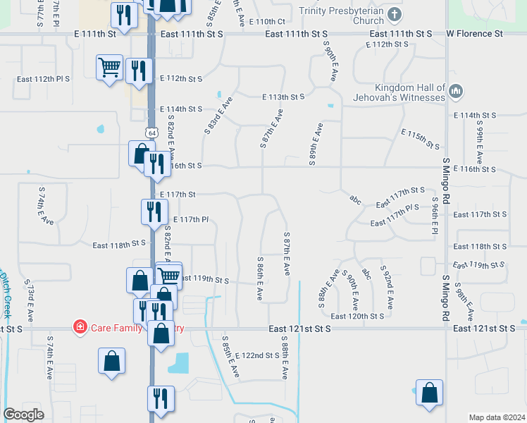 map of restaurants, bars, coffee shops, grocery stores, and more near 11720 South 86th East Avenue in Bixby