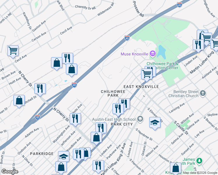 map of restaurants, bars, coffee shops, grocery stores, and more near 624 Milligan Street in Knoxville
