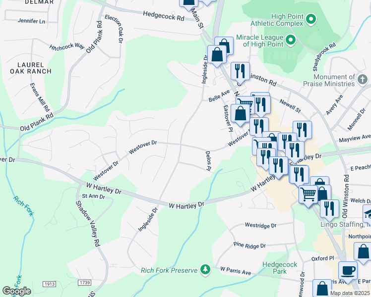map of restaurants, bars, coffee shops, grocery stores, and more near 2808 Ingleside Dr in High Point