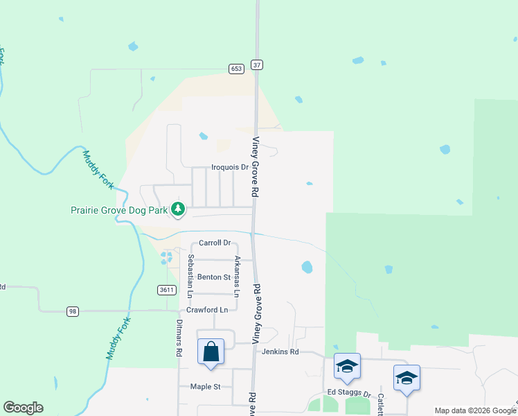 map of restaurants, bars, coffee shops, grocery stores, and more near 1601 Viney Grove Road in Prairie Grove