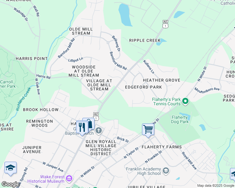 map of restaurants, bars, coffee shops, grocery stores, and more near 956 North Main Street in Wake Forest