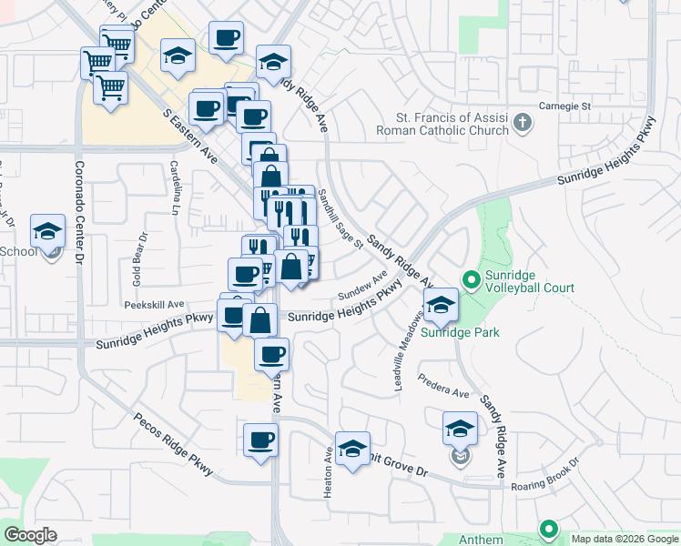 map of restaurants, bars, coffee shops, grocery stores, and more near 2558 New Morning Avenue in Henderson