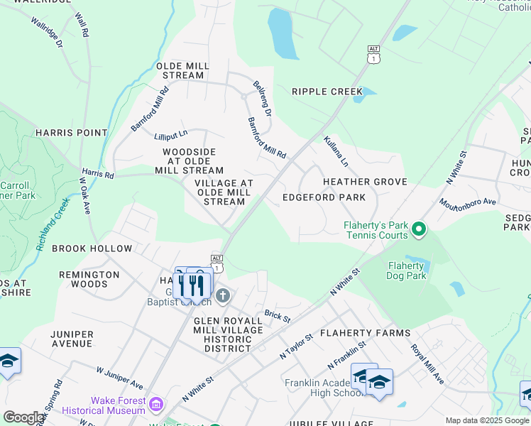 map of restaurants, bars, coffee shops, grocery stores, and more near 956 North Main Street in Wake Forest