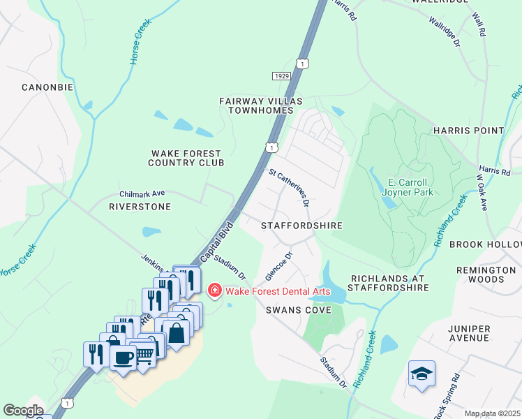 map of restaurants, bars, coffee shops, grocery stores, and more near 991 West Durness Court in Wake Forest