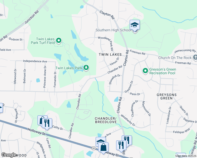 map of restaurants, bars, coffee shops, grocery stores, and more near 602 Chandler Road in Durham