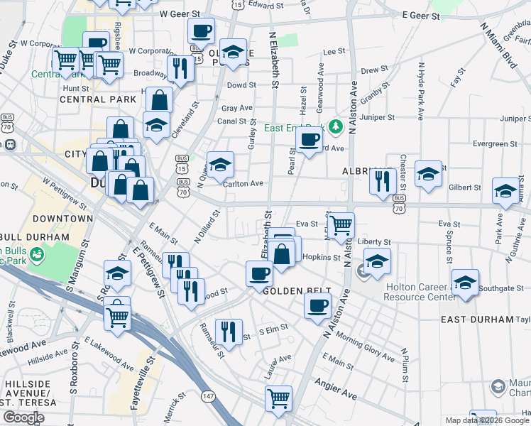 map of restaurants, bars, coffee shops, grocery stores, and more near 223 North Elizabeth Street in Durham