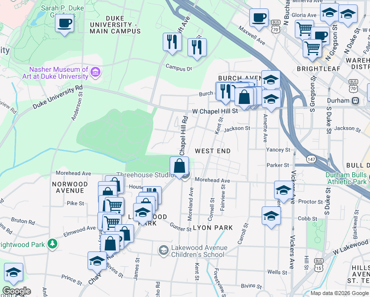 map of restaurants, bars, coffee shops, grocery stores, and more near 880 Estes Street in Durham